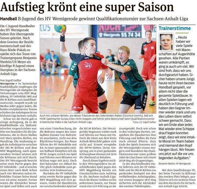 Volksstimmebericht vom Qualifikationserfolg der B-Jugend